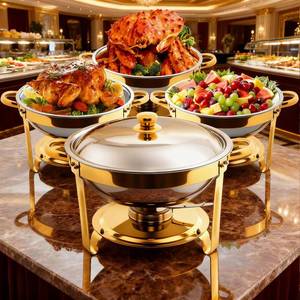 lot 23057 image: MewVeer Chafing Dishes for Buffet, 4 Pack Round Stainless Steel Chafing Dish Buffet Set with Lid Holder, 5QT Food Warmers for Parties Buffet, Catering Supplies Buffet Display for Party, Wedding