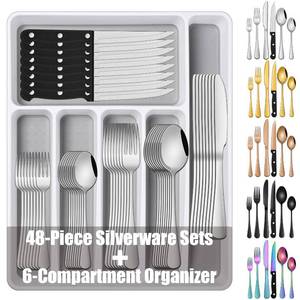lot 23084 image: 49 Pieces Silverware Sets with Organizer and Steak Knives, Stainless Steel Flatware Sets Service For 8 Person For Home Kitchen,Tableware Cutlery Sets,Includes Knife Spoon and Forks Sets