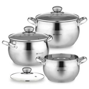 lot 23095 image: Daniks Classic 6-Piece Stainless Steel Cookware Set with Glass Lids, Tri-Ply Bases for Even Heating, Induction Compatible, Dishwasher Safe