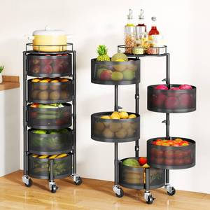 lot 23107 image: SAYZH Fruit Vegetable Basket for Kitchen, Rotating Storage Rack, 5 Tier Rolling Cart with top lid, Large Metal Wire Wheels, Black