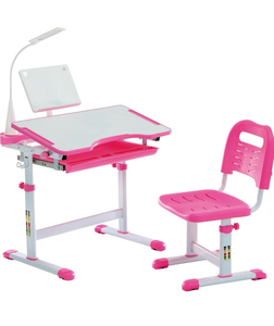 lot 23114 image: Diroan Kids Functional Desk and Chair Set, Ergonomic Height Adjustable Children School Study Desk with Tilt Desktop, Book Stand, LED Light, Metal Hook and Storage Drawer for Boys Girls (Pink)