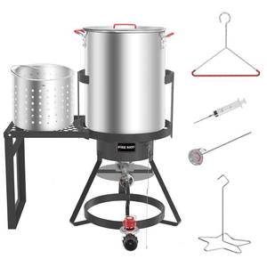 lot 23121 image: Fire Riot 30Qt Turkey Fryer with Basket, Outdoor Propane Deep Fryers Burner Stand, 50,000BTU Cast Iron Burner, Steamer and Seafood Boiler Set, Black