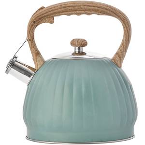 lot 23124 image: Vilihkc Whistling Stainless Steel Tea Kettle with Wood Grain Anti Heat Handle,3.7 Quart  3.5 Liter Stainless Steel Tea Kettles, Loud Whistling for Tea, Coffee, Gas Electric Applicable