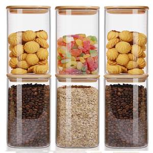 lot 21043 image: 50oz Glass Food Storage Jars Set of 6,Glass Storage Containers Clear Glass Food Canister with Bamboo Lid Airtight For Serving Tea, Coffee, Flour, Sugar, Candy, Cookie, Spice and More (Square)