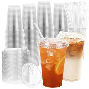 lot 21048 image: Goodluck 100 Pack 24 oz Plastic Cups with Strawless Sip Lids, Disposable Iced Coffee Cups with Lid, Clear To Go Cups for Smoothies, Party Drinks, Bubble Tea, Cold Beverage, Straws Included BPA Free