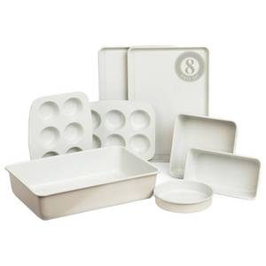 lot 21051 image: Larder & Vine 8-Piece Bakeware Set  Non-Stick Baking Set with Ceramic Finish  PFAS, PFOA, PTFE, and BPA Free Baking Essentials  Baking Sheets, Muffin Tins and Assorted Baking Pans  French Gray