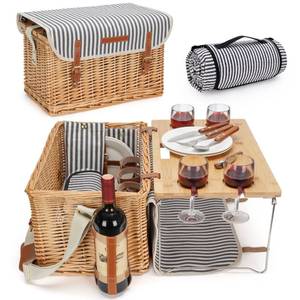 lot 21058 image: Wicker Picnic Basket for 4, 4 Person Picnic Kit, Willow Hamper Service Gift Set with Blanket Portable Bamboo Wine Snack Table for Camping and Outdoor Party