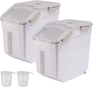 lot 21060 image: AnRui Rice Storage Container 50LB, Airtight Flour Storage Containers, Plastic Cereal Grain Dispenser Organizer Pet Food Storage Bin with Lid, Measuring Cup, Scoop, Gray, 2Pcs (Total Capacity100LBS)