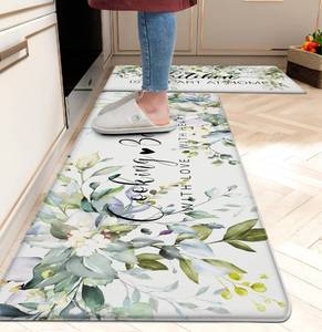 lot 21073 image: weesire Green Kitchen Rug Anti Fatigue Mats for Kitchen Floor Kitchen Rugs Sage Green Floral Herb Memory Foam Kitchen Mat Cushioned PVC Leather Kitchen Rug Set, 17.3x2817.3x47 inches