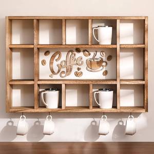 lot 21077 image: Cinnvoice Oversize Coffee Mug Display Shelf for Wall Wood Coffee Mug Rack Wall Mounted Shelf Cubes Cup Hooks Hanger with Bar Sign Decor for Kitchen Station Bar Accessories (Brown
