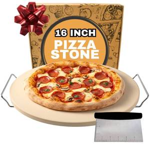 lot 21080 image: 16 inch Baking Stone For Oven - Round Pizza Stone with Handles and Dough Tool - Baking Stone for Bread - Pizza Stones for Oven and Grill - Cooking Gifts for Food Lovers
