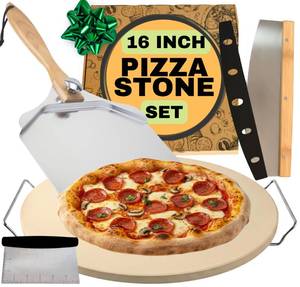 lot 21083 image: Round Pizza Stone for Oven 16 inch - Large Pizza Stone with Handles, Metal Pizza Peel, Pizza Cutter and Dough Tool - Baking Stone for Oven Bread - Thick Durable Cordierite Baking Stones
