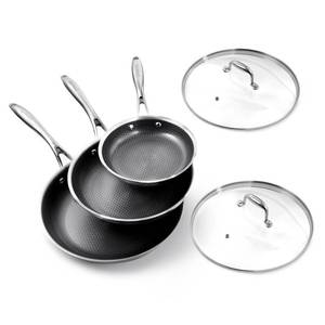 lot 21092 image: DELUXE Hybrid Ceramic Nonstick 5-Piece Fry Pan Set,8,10,12 Inch Frying Pans with Tempered Glass Lids, Stay-Cool Handles, Dishwasher Safe, Works on All Stovetops (Induction, Gas, Electric)