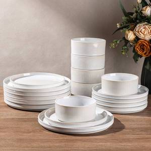 lot 21095 image: GBHOME 24-Piece Stoneware Dinnerware Set for 8 Ribbed Ceramic Plates and Bowls, Scratch-Resistant, Microwave & Dishwasher Safe, Reactive Glaze, Sugar White