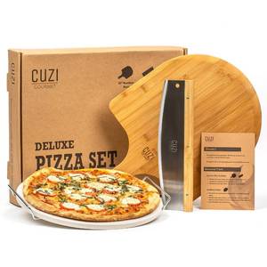 lot 21097 image: Cuzi Gourmet XL 4-Piece Pizza Stone Set - 15 Thermal Shock Resistant Cordierite Baking Stone, 22 Natural Bamboo Peel & Cutter Rocker - Large Stone for Grill and Oven