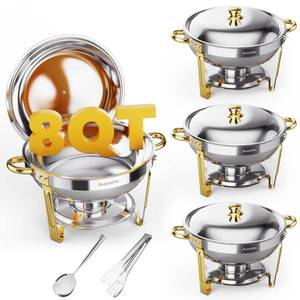 Chafing Dishes for Buffet 4 Pack,8QT Food Warmers for Parties Buffet, Christmas Gatherings [Elegant Gold and Silver Colors] Stainless Steel Round Chafing Dish Buffet Set, Buffet Servers and Warmers