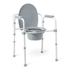 lot 60062 image: Medline 3-in-1 Steel Bedside Commode, Elongated Seat, Sturdy Folding Frame, 7.5 QT. Bucket, 350 lb. Weight Capacity, Clip-on Seat, Easy Cleaning, Tool-Free Assembly, Gray