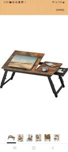 lot 60088 image: SONGMICS Bed Laptop Desk, Folding Bed Tray for Laptop up to 15.6 Inches, Adjustable Angle and Height, Portable for Working Reading Writing Breakfast, Bamboo Legs, Drawer, Rustic Brown ULLD105B01