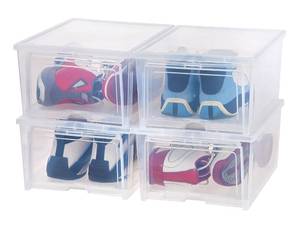 lot 60099 image: IRIS USA Stackable Shoe Storage Box with Flip Up Door and Air Vents, 4-Pack, Sturdy Shoe Scarf Toy Game Organizer Container with Ventilation Holes for Closet Under Bed Entryway Storage, Wide, Clear