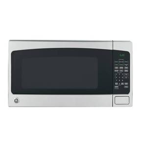 lot 61106 image: GE Countertop Microwave Oven,1, 200-watt Capacity, 2.0 Cubic Ft., 8 Auto Setting Cooking Settings, Child-Lock Technology, Kitchen Essentials for the Countertop, Dorm Room or Apartment, Stainless Steel Powers On