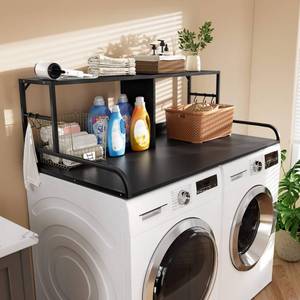 lot 61112 image: DWVO 2-Tier Washer Dryer Countertop with Shelf, 53 W x 27.6 D with 2.8 Edge Rails & 2 Hooks, Laundry Countertop for Organization, Washer and Dryer Topper, Black - Retail $45