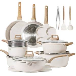 lot 63180 image: CAROTE Pots and Pans Set, Nonstick Cookware Sets, White Granite Induction Cookware Non-Stick Cooking Set wFrying Pans & Saucepans(PFOS, PFOA Free)