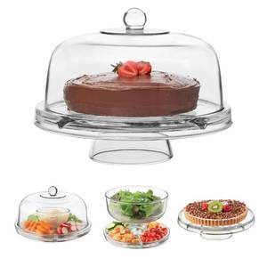 lot 63190 image: Libbey Selene 6-in-1 Domed Cake Stand, Unique Space Saving Glass Cake Stand with Dome, Multi-Purpose Dip Bowl to Serve Snacks and More