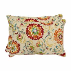 lot 63191 image: Pillow Perfect Bright Floral IndoorOutdoor Throw Pillows, 2 Count, Lumbar - 16.5 x 24.5, Tan Fanfare