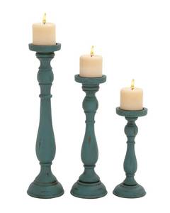 lot 63195 image: Deco 79 Wooden Decorative Candle Holder Distressed Turned Candle Stand, Set of 3 Candlestick Holder 19,15,11H, Teal