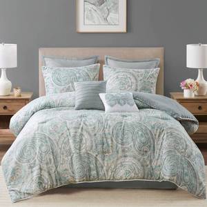 lot 62060 image: Comfort Spaces Cozy Comforter Set-Modern Classic Design All Season Down Alternative Bedding, Matching Shams, Bedskirt, Decorative Pillows, King, Kashmir Paisley Blue 8 Piece