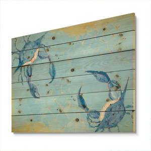 lot 62086 image: DesignQ Blue Coastal Crab Battle Nautical & Coastal Wood Wall Decor, Blue Wood Wall Art, Large Animals Wood Wall Panels Printed On Natural Pine Wood Art
