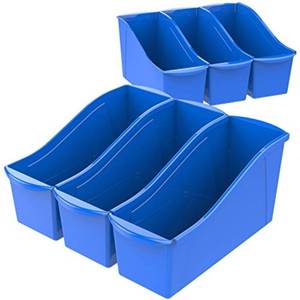 lot 62097 image: Storex Large Book Bin, Interlocking Plastic Organizer for Home, Office and Classroom, Blue, (71101U06C) (Pack of 6) some damage