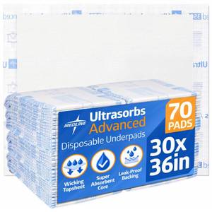 lot 62108 image: Medline Ultrasorbs Advanced Extra Strength Drypads, 30 x 36, 70 Count, Super Absorbent Disposable Pads, Incontinence Bed Pads, Chucks Bed Pads, Elderly, 350 lb Repositioning Capacity - Retail $107