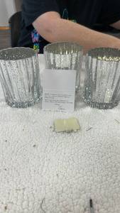 lot 16045 image: Set of 3 Lit Fluted Mini Glass Hurricanes by Valerie - Silver in Color