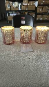 lot 16058 image: Set of 3 Lit Fluted Mini Glass Hurricanes by Valerie - Petal Pink Color