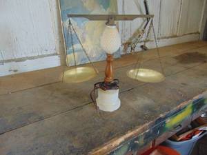 lot 4294 image: Milk glass weight and Measures Bottom lit Lamp