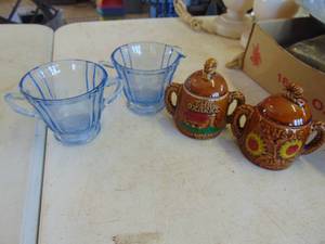 lot 4335 image: Crock and Blue Glass - Cream and Sugars 