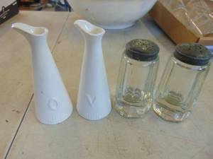 lot 4344 image: Salt and Peppers with Oil and Vinegar Containers