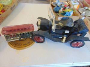 lot 4361 image: Pair of Decanters - Train - Automobile - no planes