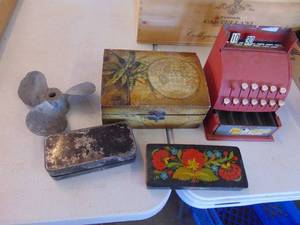 lot 4366 image: Toy Cash Register- Small wooden inlaid boxes and More