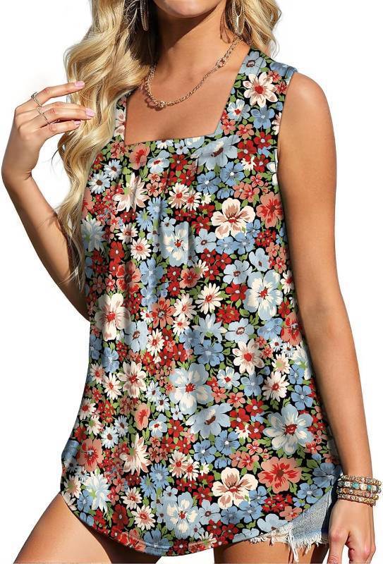 lot 65011 image: Flafens Summer Tank Tops for Women Girls - Retro Flower Design Loose Fit Pleated Babydoll Scoop Neck Smocked Graphic Tshirt Sleeveless Tops for Beach Vacation, Large
