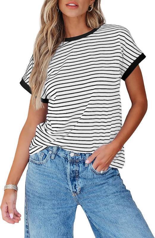 lot 55847 image: NEW SM Dokotoo Womens Casual Colorblock Striped Short Sleeve Tops Crew Neck Knit Basic T Shirts