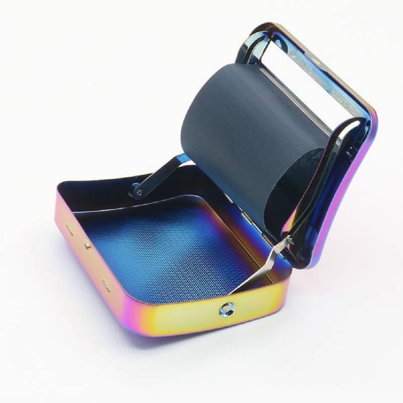 lot 55793 image: Yiasangly Metal Automatic Cigarette Tobacco Smoking Rolling Box, Portable Metal Cigarette Roller Machine, 70mm, Colorful - Random Pattern