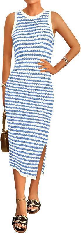lot 55844 image: LG Zenlonr Womens Sleeveless Summer Dresses 2025 Casual Crochet Knit Sundress Striped Long Tank Dress Beach Slip Dress