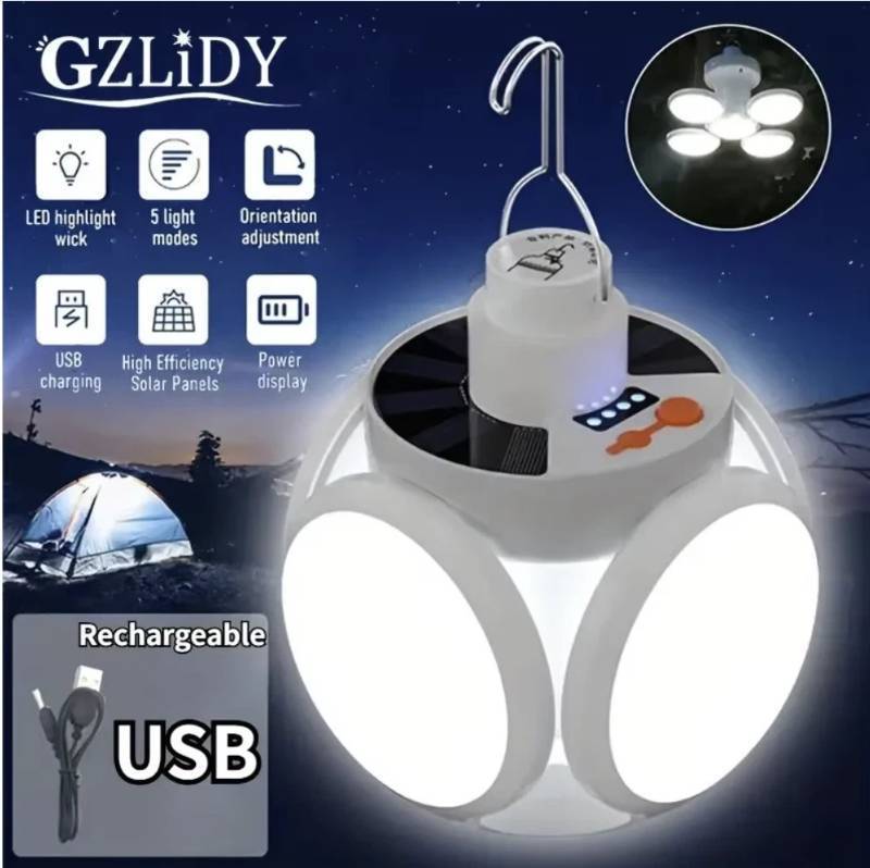 lot 21 image: NEW Rechargeable Camping Light with Battery Pack Solar or USB Charging Waterproof