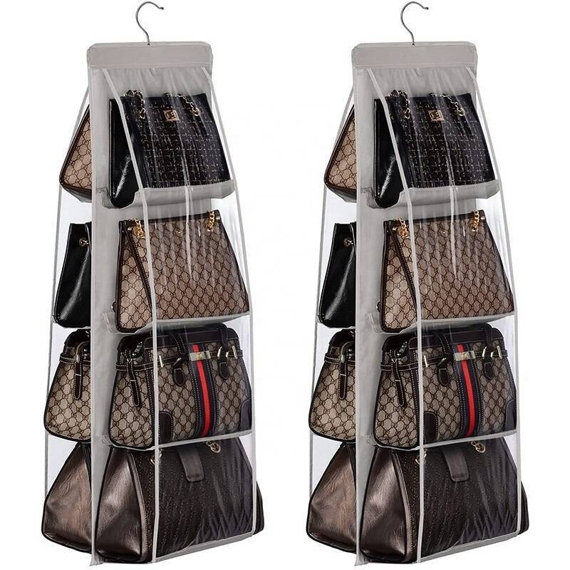 lot 37 image: 8 Pocket Hanging Purse Organizer for Closet, Bag Organizer Storage GREY