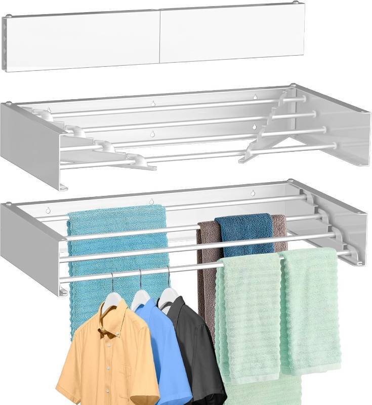 lot 108 image: NEW Laundry Drying Rack, Wall Mounted, Collapsible Clothes Drying Rack 31.5in Flush
