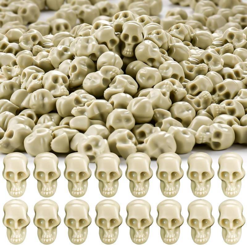 lot 311 image: 150 Pcs Halloween Mini Skull Heads,Plastic Miniature Figurines Skulls Ornamets Small Skeleton Head Decorations for Halloween Vase Filler Pranks Table Decor