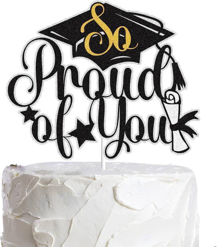 lot 56712 image: So Proud of You Happy Graduation Cake Topper Black Glitter Class of 2025 Congrats Grad Cake Decorations Congratulations Grad 2025 Party Supplies