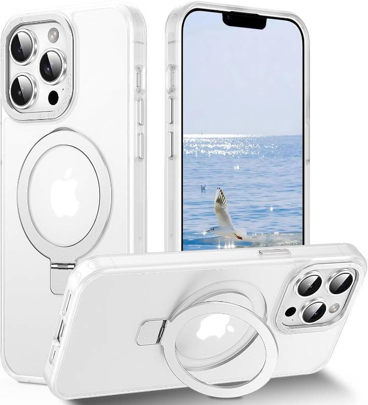 lot 63948 image: Magnetic for iPhone 13 Pro Case with Invisible Stand, 10 FT Drop Protection Velvety Touch Slim Translucent Matte Back Shockproof Phone Case for iPhone 13 Pro 6.1, White